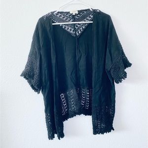 Umgee Boho Fringe Crochet Knit Linen Cotton Open Front Kimono Cardigan Small
